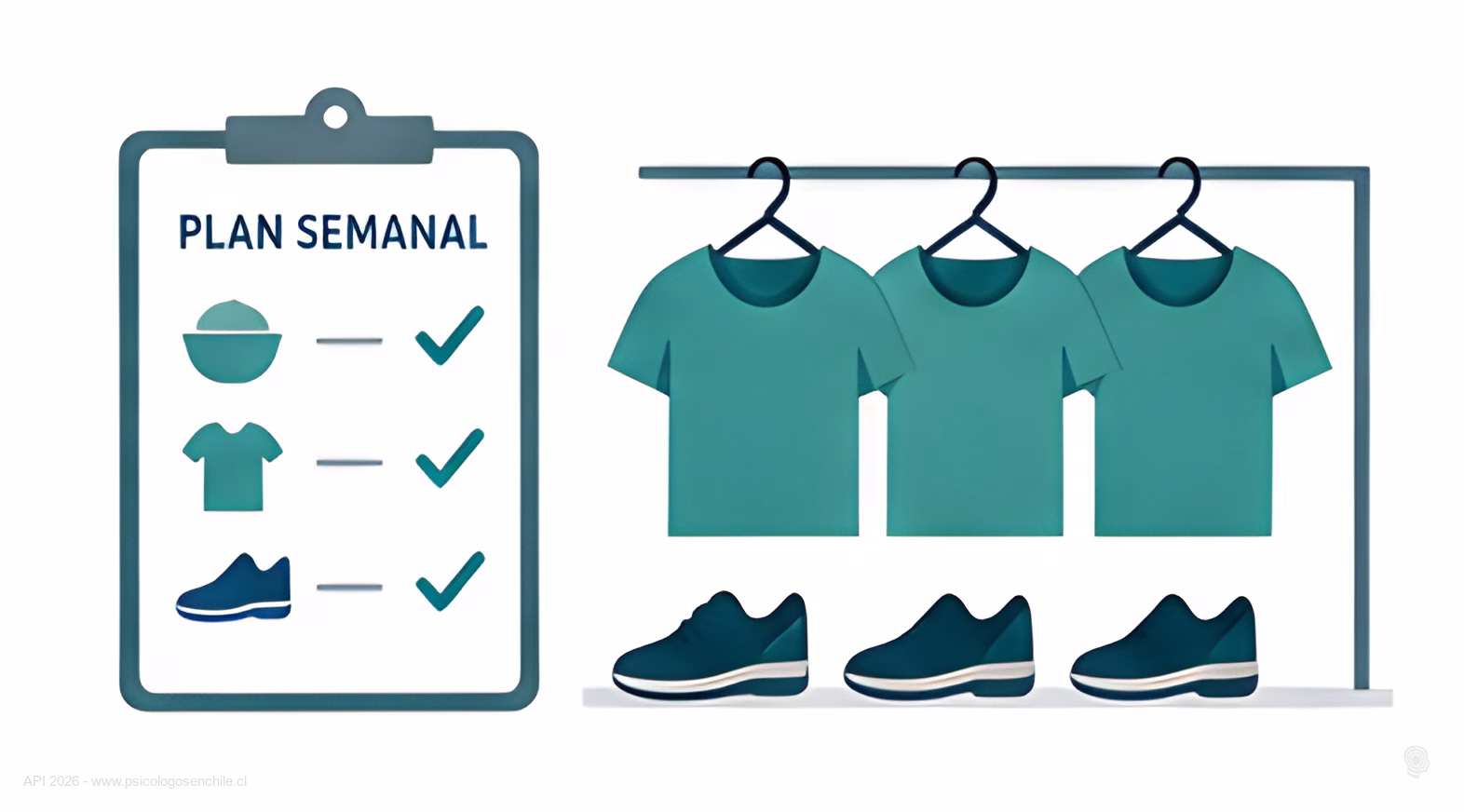 Lista de plan semanal marcada con visto bueno junto a un perchero con ropa ya elegida