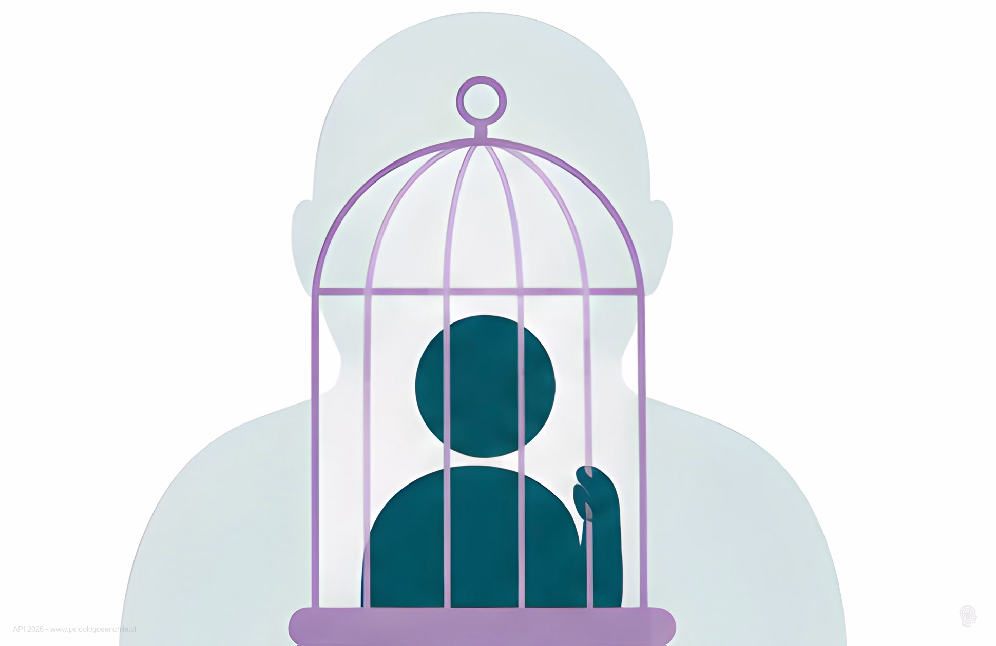 Ilustración de una persona atrapada en una jaula dentro de la silueta de otra persona más grande, representando el vínculo que dificulta ver la manipulación
