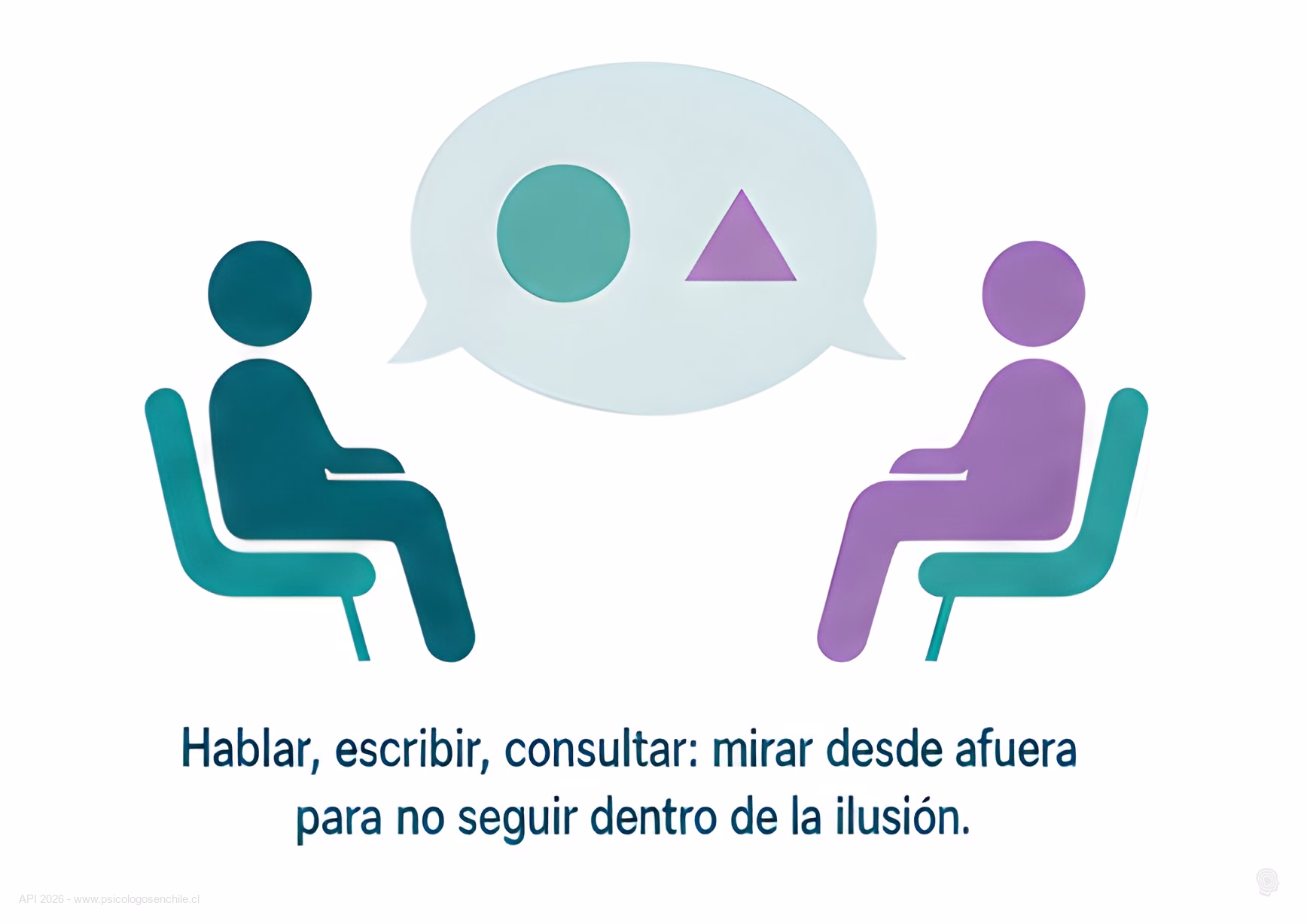 Dos personas sentadas conversando con un globo de dialogo compartido, representando hablar, escribir y consultar para mirar una interpretacion desde afuera