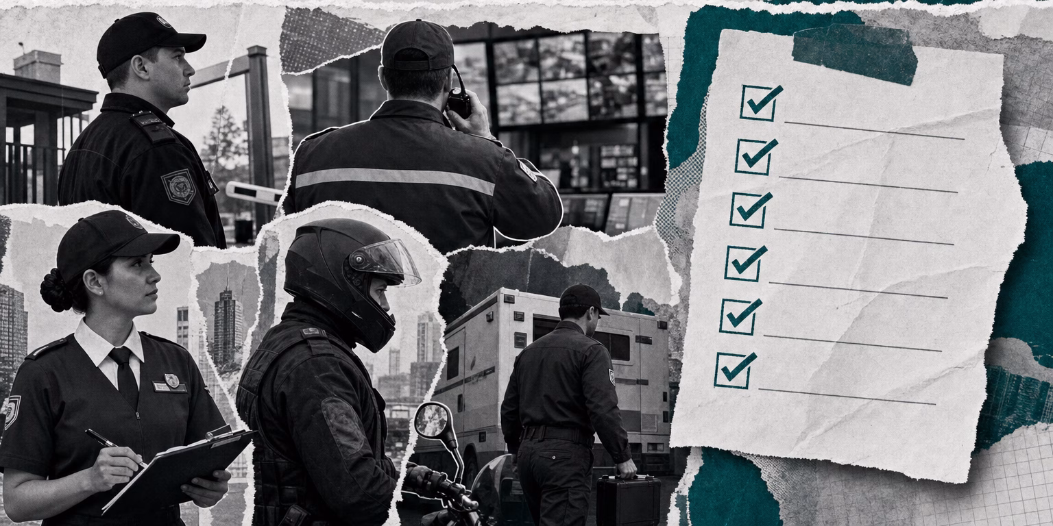 Ilustracion editorial de los distintos cargos de seguridad privada que requieren evaluacion OS10