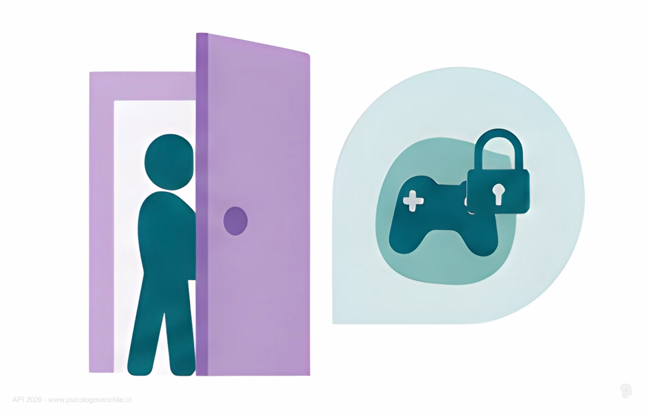 Persona saliendo de una habitación junto a un control de videojuegos bloqueado con candado