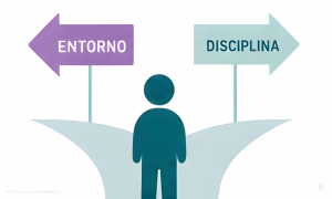 Persona en una encrucijada eligiendo entre el camino del entorno y el camino de la disciplina