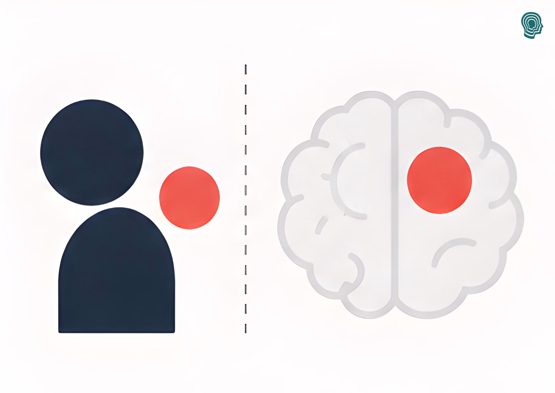 Ilustración comparando una persona con un punto rojo en el pecho y un cerebro con un punto rojo equivalente, mostrando el paralelo entre dolor social y dolor físico en el cerebro