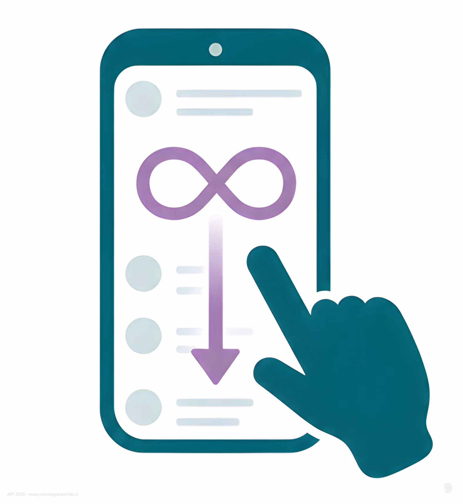 Pictograma de un dedo deslizando hacia abajo sobre una pantalla con un simbolo de infinito, representando el scroll infinito